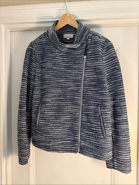 LOFT Navy & White Striped Asymmetric Zip Knit Jacket
